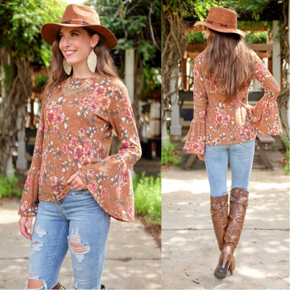 LAST ONE! Soft Fall Floral Print Bell Sleeve Tunic - Picture 3 of 3